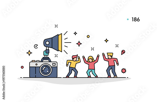 Party photography scene with a camera flash, dancing figures, and small sparkle accents expressing fun, spontaneity, and captured memories. Minimalist flat