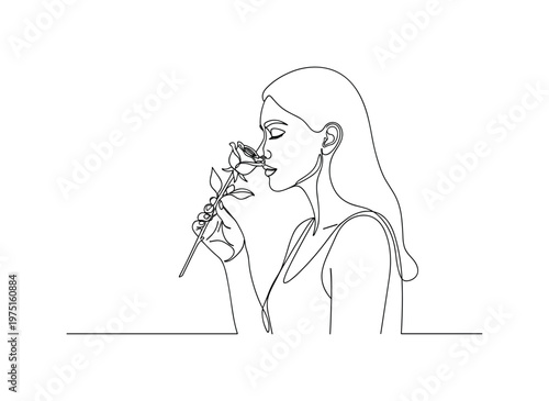 Romantic Gesture. Minimalistic one-line drawing a woman holding and smelling a rose with graceful contours, continuous single black line on white background,