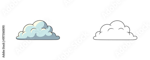 Fluffy white cloud illustrations in light blue cartoon and black linear styles with soft shadows representing weather or sky elements isolated on a white background
