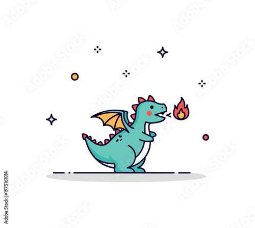 Tiny cute dragon fire adorable little dragon breathing a small flame with subtle decorative sparkles enhancing the playful magical scene. Minimalist flat