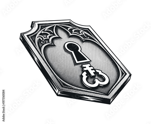A stylized insignia plate with gothic carved details and a simplified retro keyhole symbol, slightly angled as a single object, black and white halftone