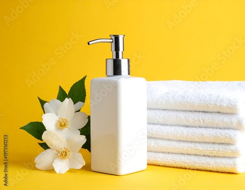 A white soap dispenser and folded towels sit beside jasmine flowers on a vibrant yellow backdrop
