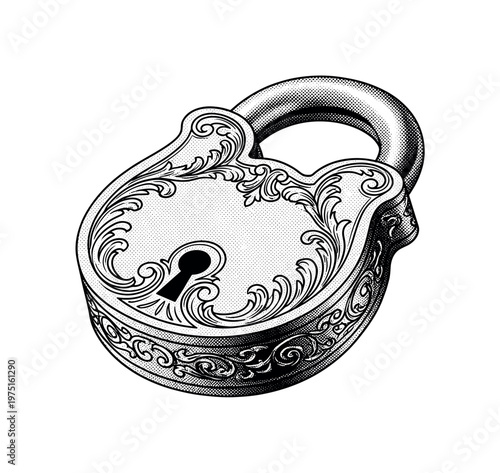 A decorative baroque padlock with curved ornamental surfaces and engraved detailing, slightly angled as a single object, black and white halftone illustration,
