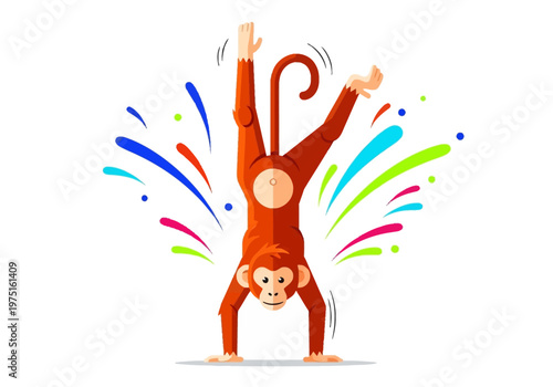 Monkey doing handstand with colorful.