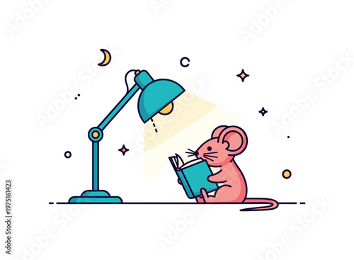 Night reading mouse a tiny mouse sitting under a warm desk lamp holding an open book with soft glow illuminating the quiet scene. A cozy and peaceful moment