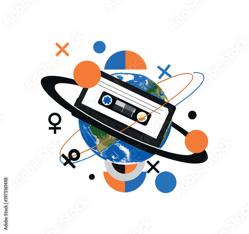 cassette earth ring composition with geometric circles semicircles and symbolic shapes, black and white cassette forming orbit ring around planet earth with
