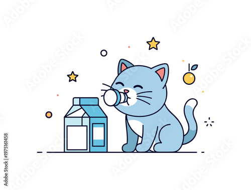 Happy kitten drink a tiny cat enjoying milk with a content expression and soft rounded shapes emphasizing cuteness. The scene conveys satisfaction and comfort,