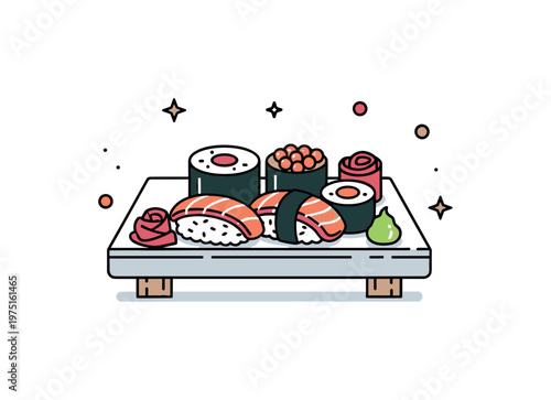 Sushi plate scene a tiny dish with assorted sushi pieces and subtle decorative dots enhancing the presentation. A fresh and modern illustration of food variety