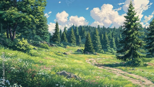 Summer Meadow Landscape with Forest Path and Fluffy Clouds