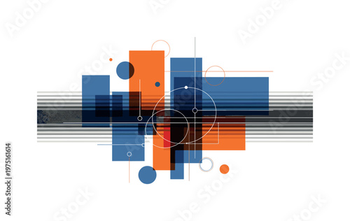 horizontal radio interference bands with grain effect, monochrome static stripes layered with blue and orange rectangular forms, circular accents and thin
