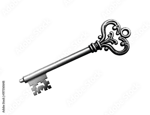 A ceremonial key with refined decorative flourishes and elongated elegant shape, shown alone with minimal composition, black and white halftone illustration,