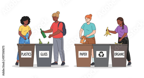 People recycling different materials.