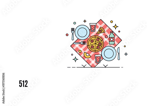Little playful pizza picnic cute tiny picnic scene with a small pizza, plates, drinks, and subtle decorative sparkles creating a cheerful whimsical