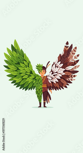 Person with colorful feather wings.