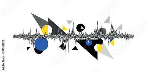 analog interference waves broken by geometric forms, black and white wave lines intersected by triangles and circular shapes, abstract blocks creating tension