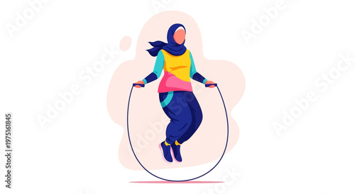 Woman Wearing Hijab Jumping Rope.