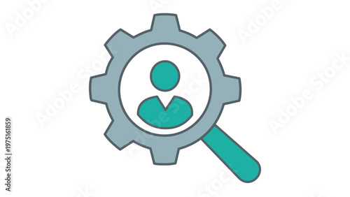 Professional vector icon illustration of a human resources hiring manager concept, featuring a person symbol inside a gear and magnifying glass for recruitment, talent acquisition, and search.
