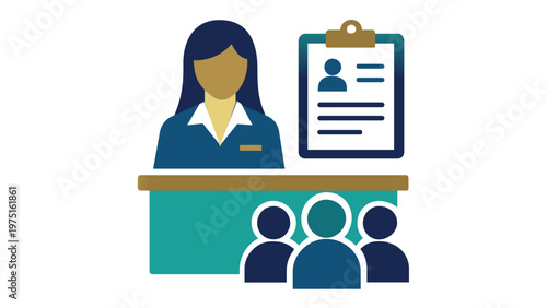 Human resources recruitment vector icon illustration with a female HR manager at a desk reviewing a candidate resume clipboard and job applicants, ideal for hiring and career search concepts.