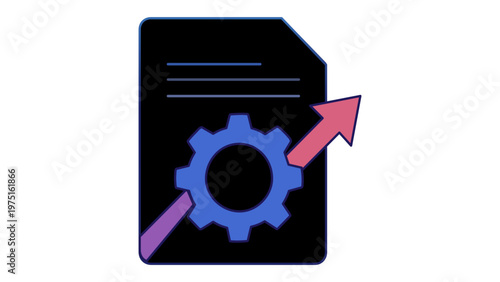 Vector icon illustration of a document with a gear and rising arrow, symbolizing career growth, job performance, professional development, and human resources optimization in business.