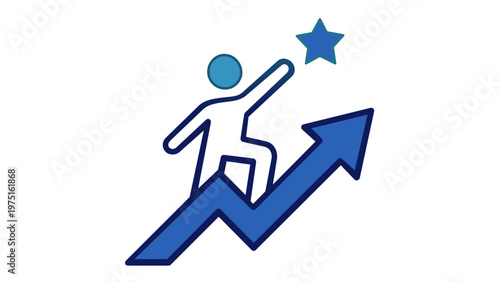 Vector illustration of a person climbing an upward arrow to reach a star, symbolizing career growth, business success, goal achievement, professional development, and motivation in a flat style.