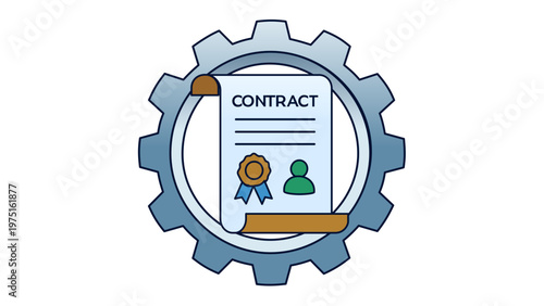 Scalable vector icon illustration of a business contract document with a seal and person icon inside a gear, representing human resources management, employment agreements, and corporate workflow.