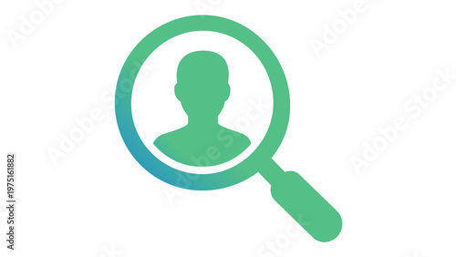 Professional vector icon illustration of a magnifying glass focusing on a person silhouette, representing recruitment, hiring, human resources talent search, job hunting, and candidate selection.