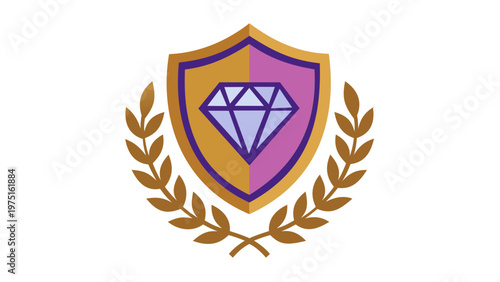 Premium Human Resources Job Offer Vector Icon Illustration Featuring a Golden and Purple Shield with a Diamond Centerpiece and a Golden Laurel Wreath for Achievement, Quality, and Excellence.