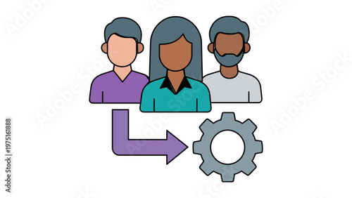 Flat vector icon illustration of a diverse professional team with a gear and arrow, symbolizing human resources management, recruitment process, workforce optimization, and business workflow.