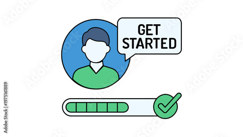 Vector illustration of a recruitment funnel icon showing a person avatar, a "Get Started" speech bubble, and a green progress bar with a checkmark for user onboarding and human resources.