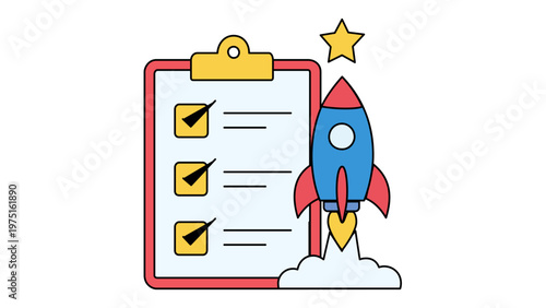 Flat vector illustration of a business recruitment funnel icon with a checklist clipboard, launching rocket, and star, representing startup success, project management, and career growth.