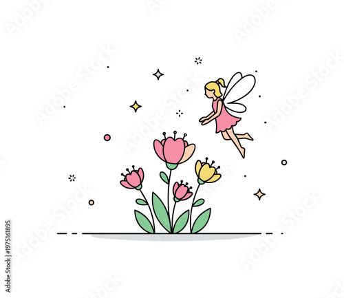 Dreamy fairy over flowers a small fairy floating peacefully above blossoms with soft sparkles enhancing the magical mood. A calm and enchanting illustration