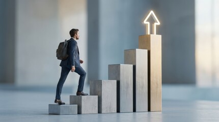 A man climbing geometric bar-graph stairs toward an upward arrow, symbolizing business growth, measurable success, and career advancement, minimalist conceptual design, photorealistic,no logos