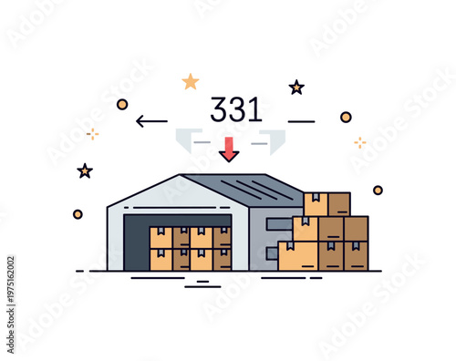 Central storage facility concept with a warehouse, stacked boxes, and subtle arrows suggesting flow, capacity, and system coordination. Minimalist flat vector