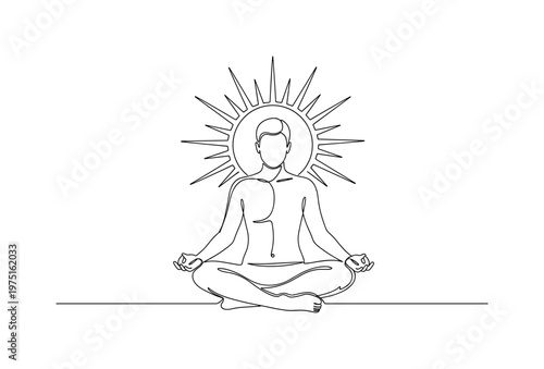 Mindful Stillness. Minimalistic one-line drawing a person meditating calmly with a sun behind the upper body, continuous single black line on white background,