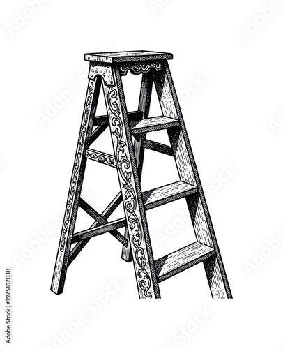 A wooden ladder with ornate Victorian detailing and engraved linework, black and white halftone illustration, newspaper-style dot texture, editorial engraving