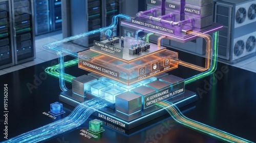 An AI governance orchestration platform architecture scene in photorealistic isometric perspective, showing layered AI data ecosystem, governance controls, human-in-the-loop oversight, and business