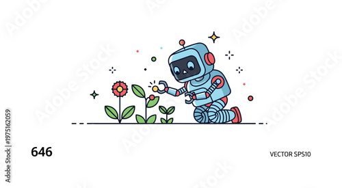 Tiny robot exploring plants adorable little robot carefully examining small plants with curious eyes and tiny mechanical arms, surrounded by subtle decorative