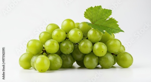 A beautiful isolated bunch of crisp green table grapes with a fresh vine leaf sitting on a clean white surface for perfect cutout, raw, studio shot, white background
