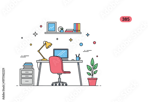 Clean home workspace interior featuring a desk, chair, and small plant creating a focused, uncluttered, and productive environment. Minimalist flat vector