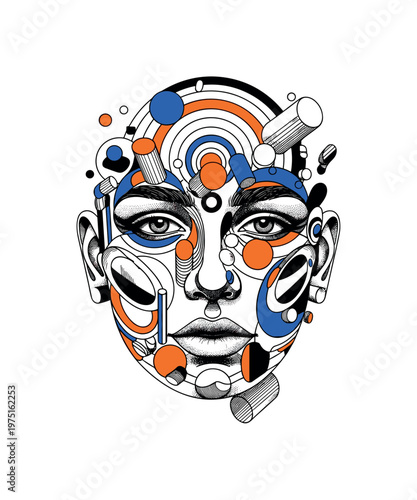 ink surreal face composition with layered circles cylinders and geometric shapes, black and white surreal ink portrait dissolving into abstract forms with