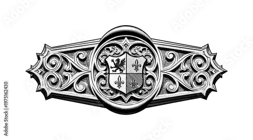 A symbolic gothic seal lock with engraved crest and ornamental detailing, presented centrally with minimal composition, black and white halftone illustration,