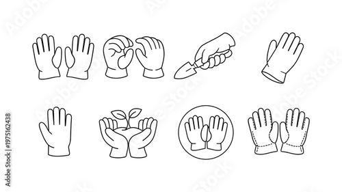 "Gardening Glove Icons". Minimalistic set one-line drawing pair of gloves side by side, glove with fingers