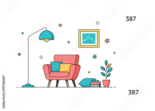 Scandinavian style interior scene with a chair, floor lamp, and soft decor elements expressing warmth, simplicity, and clean aesthetics. Minimalist flat vector