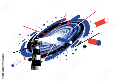 lighthouse guiding stars with floating geometric lines circles and cylinders, black and white retro lighthouse standing beneath galaxy sky with layered paper