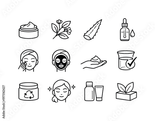 Skincare Line Icons. Natural skincare. Line outline icon set of Natural skincare: face cream jar, botanical