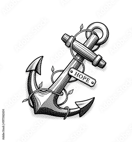 An anchor partially wrapped in a thin vine with a tiny engraved plate reading ?hope?, black and white halftone illustration, newspaper-style dot shading,
