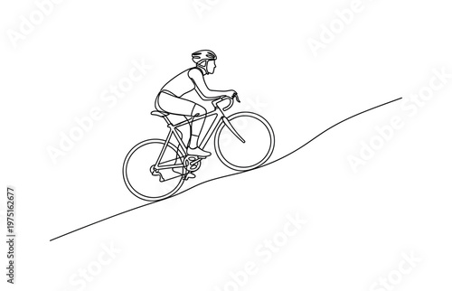 Climbing Journey. Minimalistic one-line drawing a cyclist ascending a hill with smooth elegant contours, continuous single black line on white background,