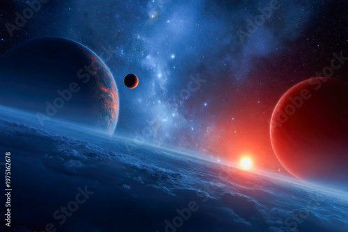 Expansive cosmic view of distant planets and vibrant stars glowing against the infinite galaxy backdrop in deep space exploration scene