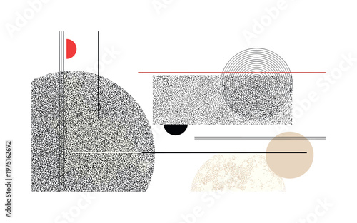 static texture with minimal modern geometry, black and white noise background combined with thin linear elements and semicircles, clean negative space with