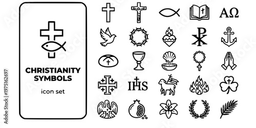 Christianity Symbols Faith Bold Line Icons-Cross Ichthys Bible Alpha Omega Sacred Heart Chi-Rho Anchor Chalice Rosary Agnus Dei-25 Christianity Icon Set Vector